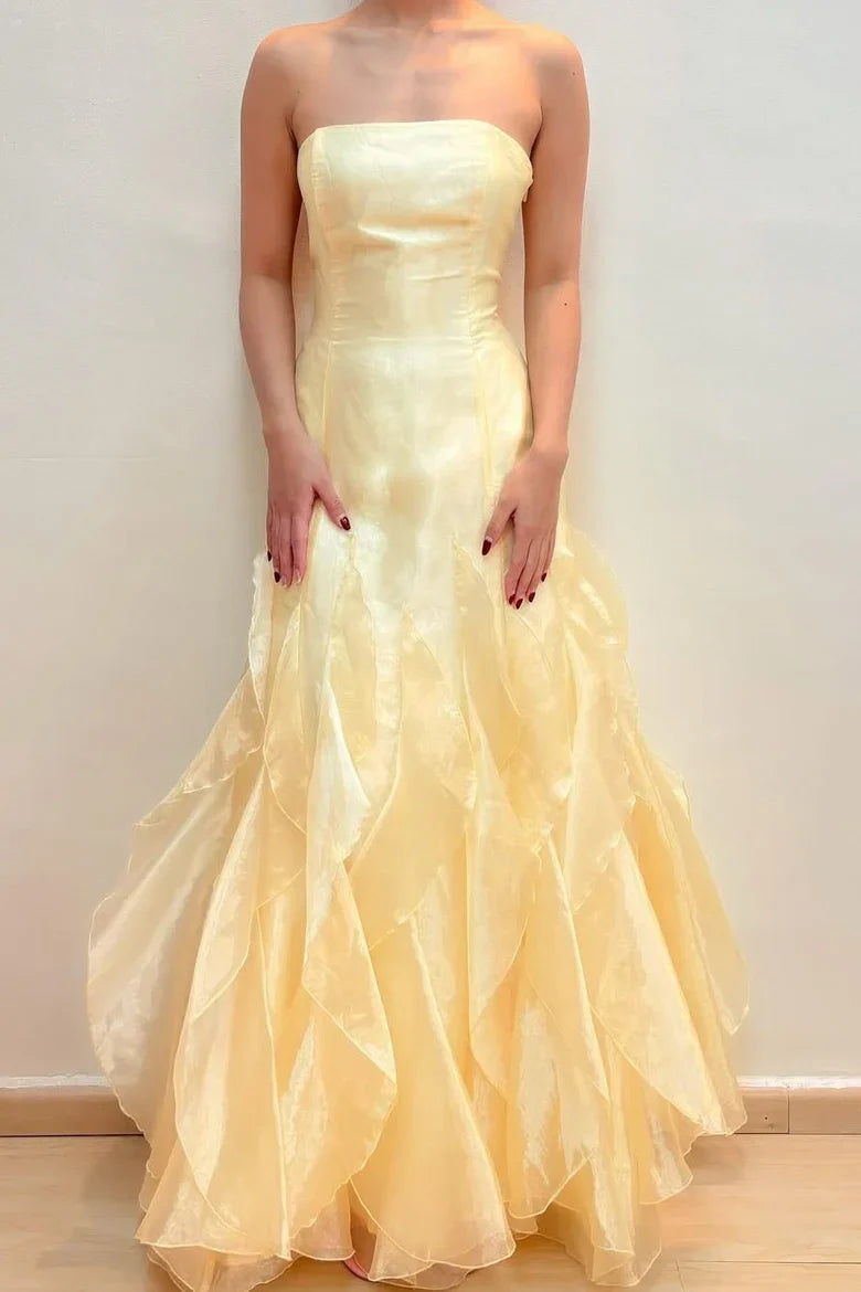 Pale Yellow Strapless Ruffle Mermaid Maxi Dress with Lace-Up Back