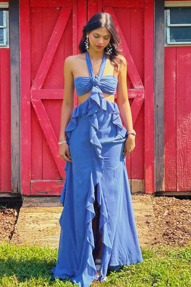 Periwinkle Halter Floral Applique Cutout Ruffle Maxi Dress with Back Bow