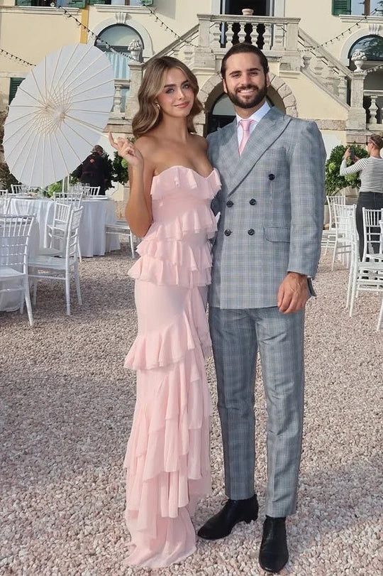 Pink Chiffon Strapless Tiered Ruffle Prom Dress with High Slit