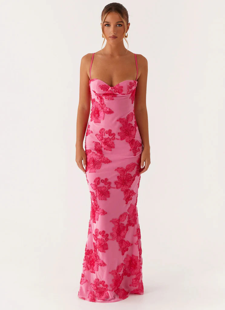Pink Floral Embroidered Sleeveless Maxi Evening Dress For Elegant Formal Party Events