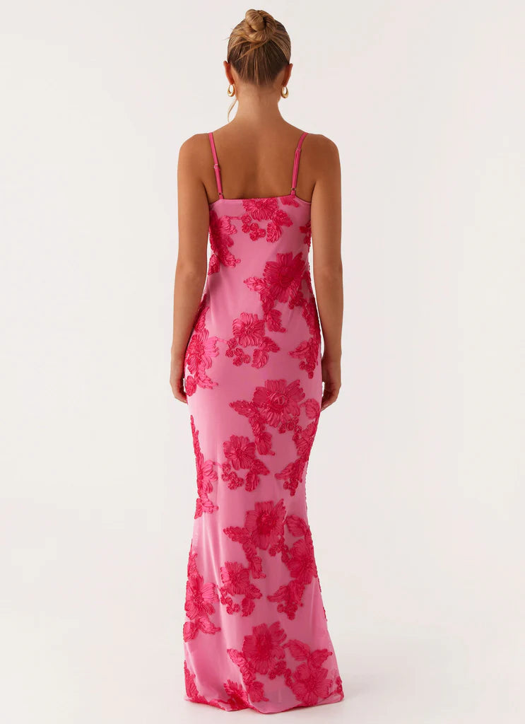 Pink Floral Embroidered Sleeveless Maxi Evening Dress For Elegant Formal Party Events