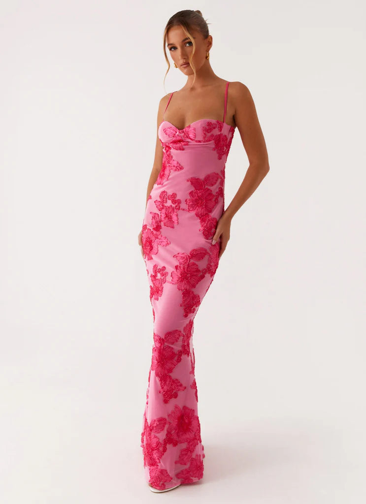 Pink Floral Embroidered Sleeveless Maxi Evening Dress For Elegant Formal Party Events