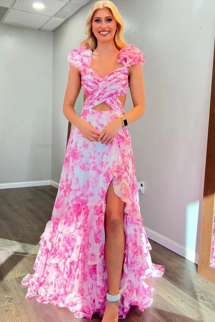 Pink Floral Print Ruffle Shoulder Cutout Maxi Dress with Tiered Skirt & High Slit