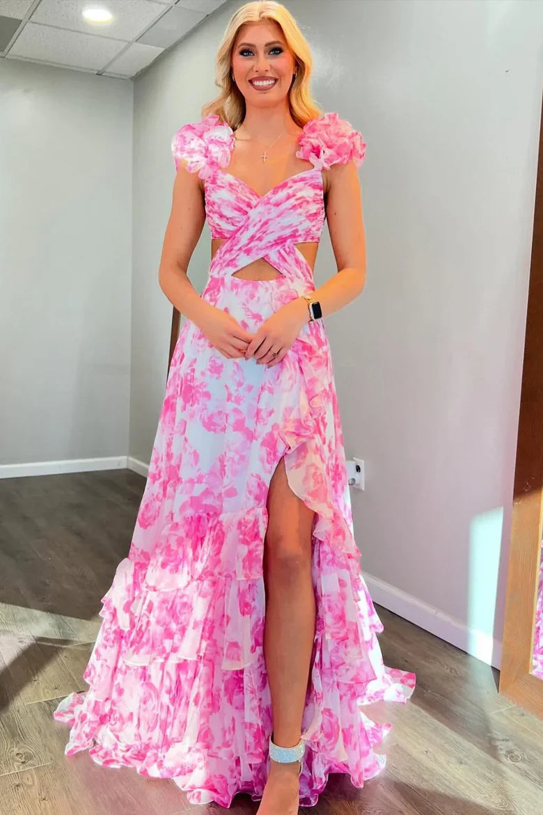 Pink Floral Print Ruffle Shoulder Cutout Maxi Dress with Tiered Skirt & High Slit