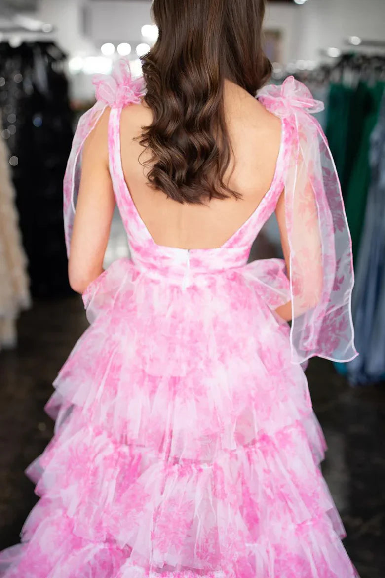 Pink Floral Print Tiered Tulle Maxi Dress with Bow Shoulder Straps & Deep V Back
