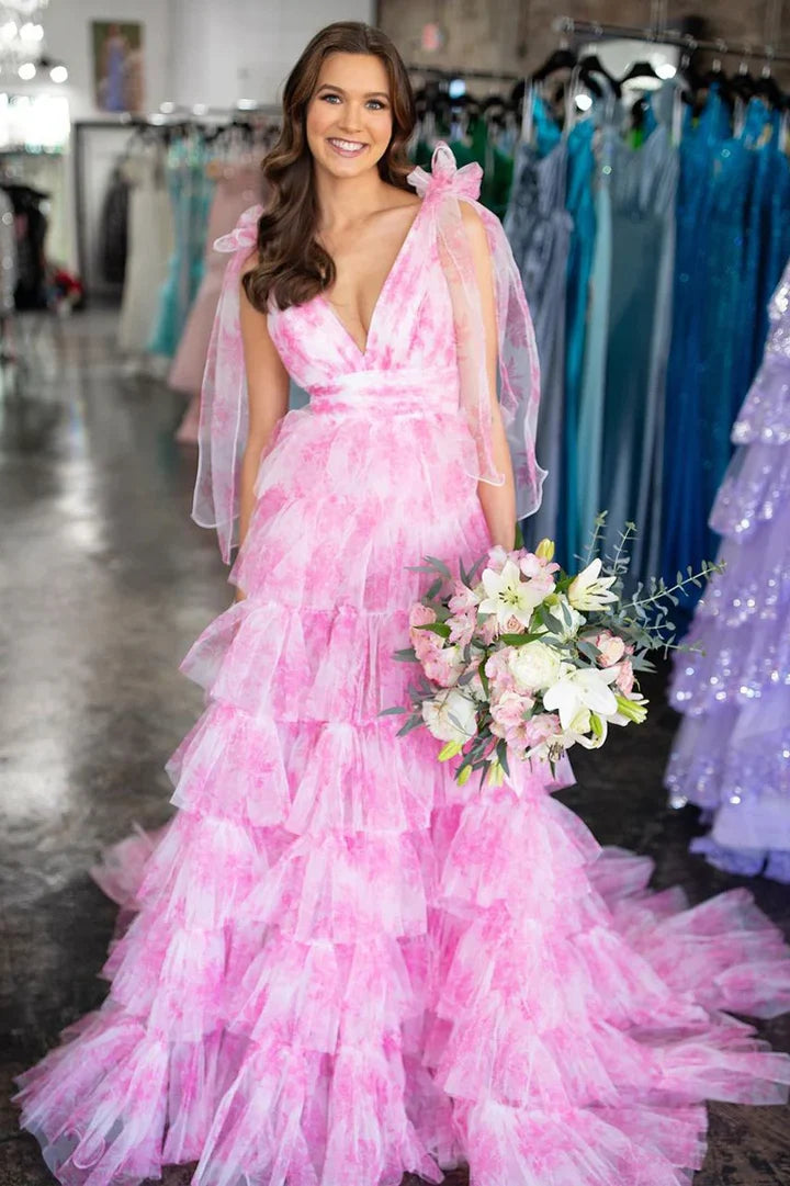 Pink Floral Print Tiered Tulle Maxi Dress with Bow Shoulder Straps & Deep V Back