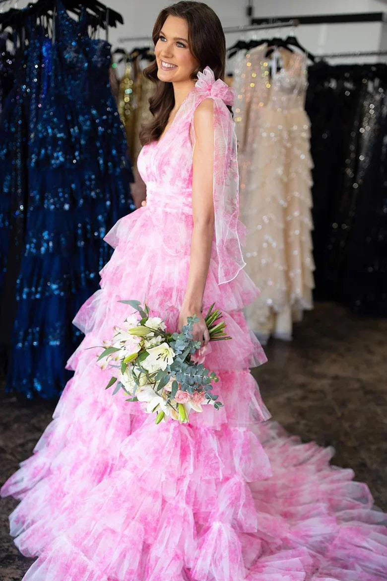 Pink Floral Print Tiered Tulle Maxi Dress with Bow Shoulder Straps & Deep V Back