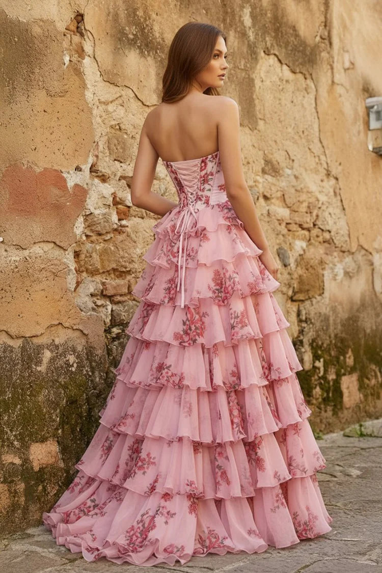 Pink Floral Strapless Corset Tiered Ruffled Maxi with High Slit Prom Dress