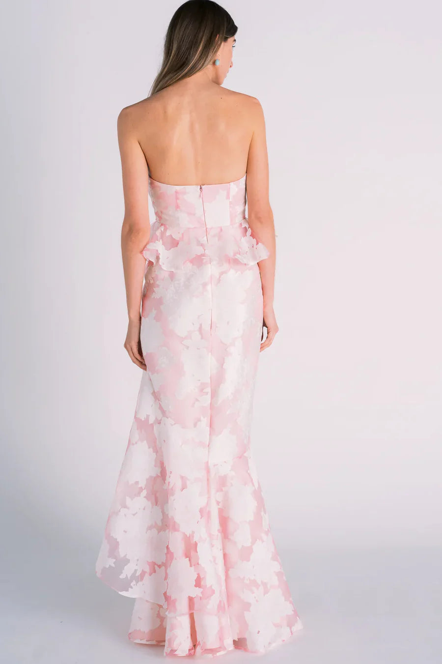 Pink Floral Strapless Ruffle Mermaid Prom Dress with a Stunning Open Back