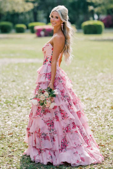 Pink Floral Tiered Ruffle Strapless Prom Dress with a High Side Slit