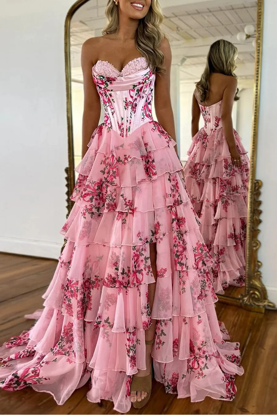 Pink Floral Tiered Ruffle Strapless Prom Dress with a High Side Slit