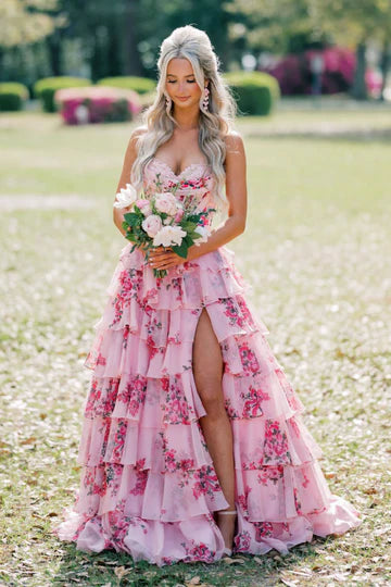 Pink Floral Tiered Ruffle Strapless Prom Dress with a High Side Slit