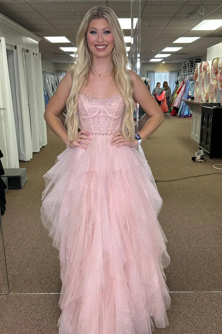 Pink Glitter Tulle Strapless Lace Up Back Ruffled Tiered Prom Dress