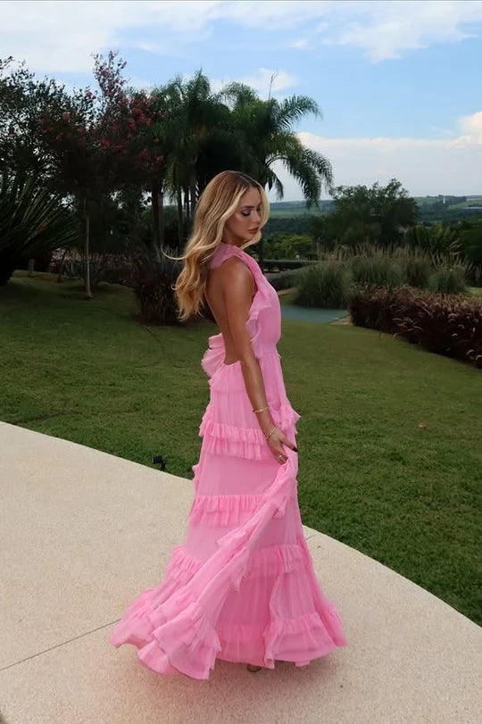 Pink Halter V-Neck Tiered Ruffle Maxi Dress with a Beautiful Open Back