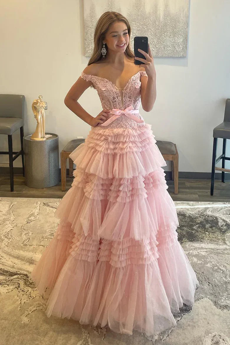Pink Off-the-Shoulder Tiered Tulle Prom Dress with Lace Bodice and Satin Bow Sash