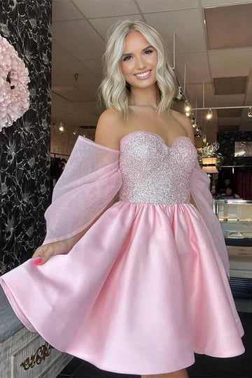 Pink Off Shoulder Sequin Bodice Satin Mini Dress with Tulle Sleeves & Bow Back