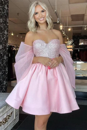 Pink Off Shoulder Sequin Bodice Satin Mini Dress with Tulle Sleeves & Bow Back