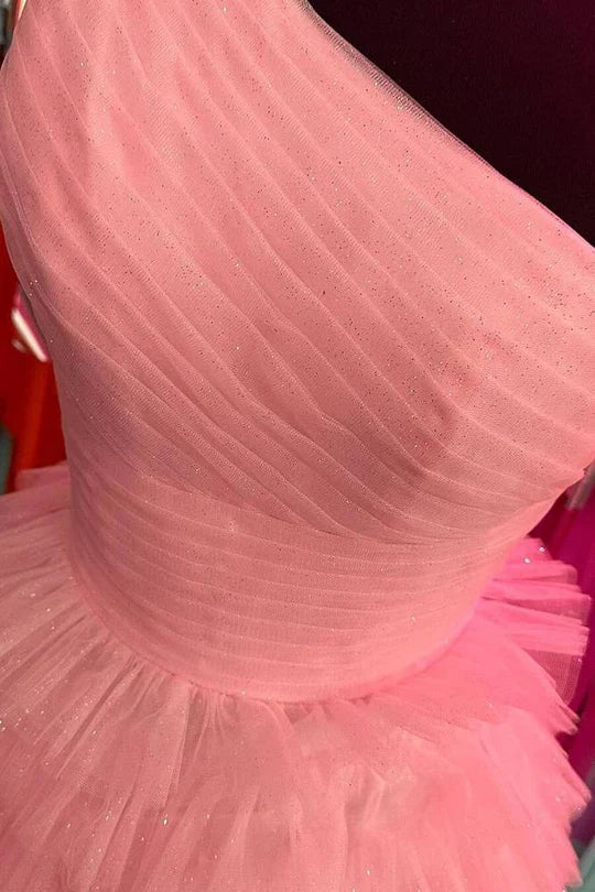 Pink One-Shoulder Tiered Tulle Maxi Dress with Glitter Pleated Bodice