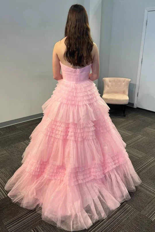 Pink One-Shoulder Tiered Tulle Maxi Dress with Glitter Pleated Bodice