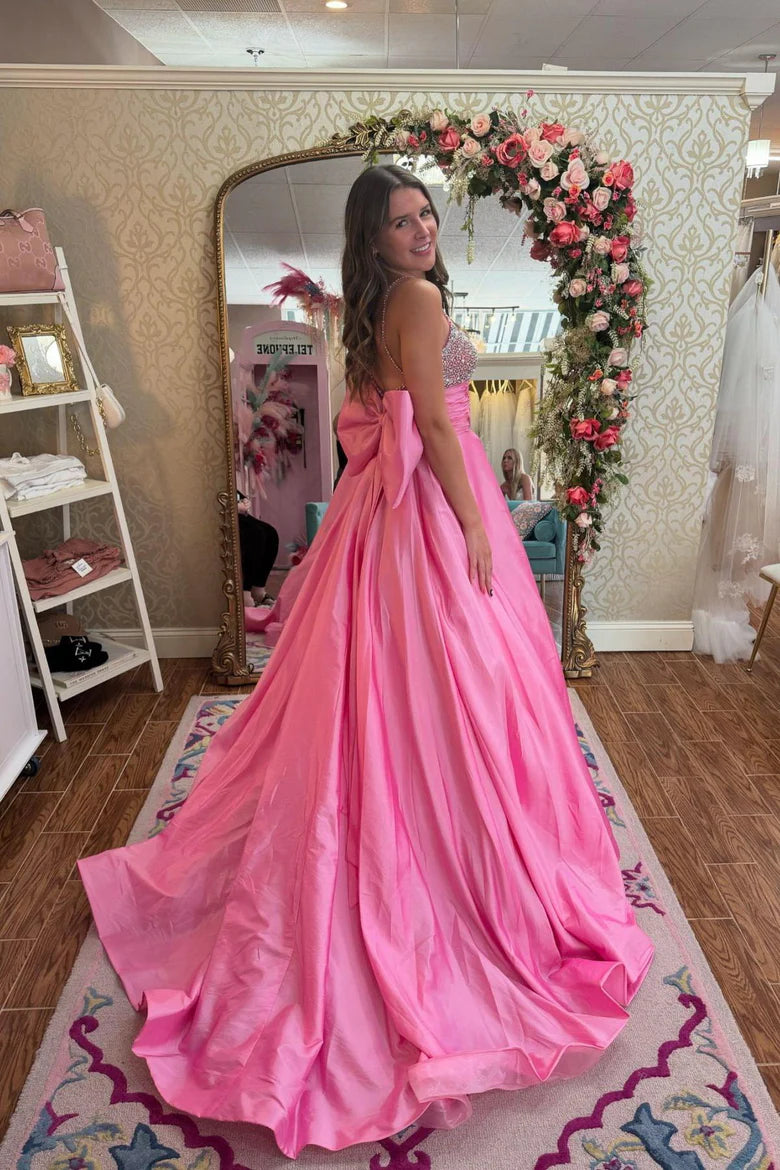 Pink Satin Ball Gown Prom Dress with Beaded Bodice and Oversized Back Bow