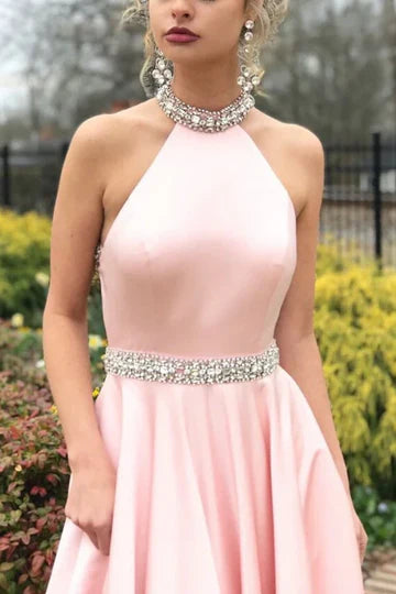 Pink Satin Halter Beaded Open Back Ball Gown Prom Dress For Parties
