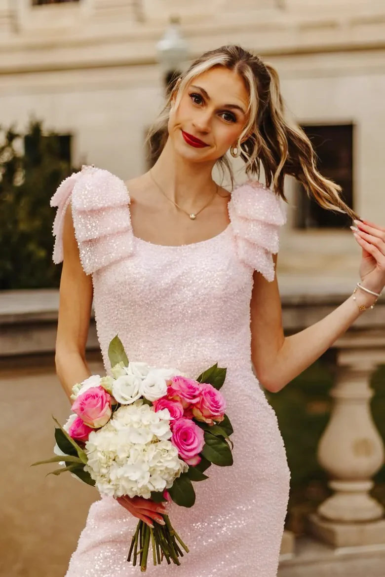 Pink Sequin Mermaid Prom Dress with Ruffle Shoulder Straps and High Slit