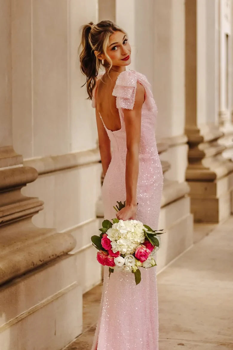 Pink Sequin Mermaid Prom Dress with Ruffle Shoulder Straps and High Slit