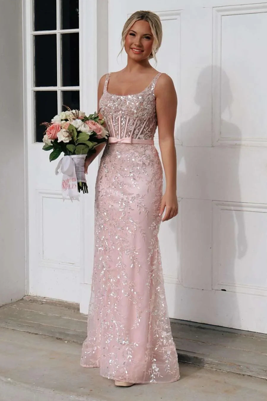 Pink Sequin Square Neck Mermaid Prom Dress with Sheer Corset Back