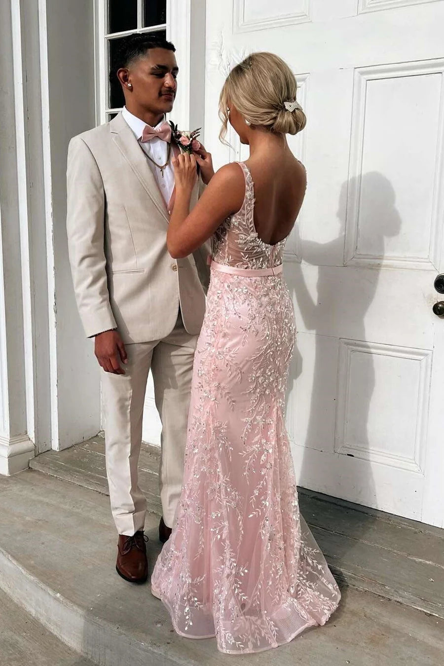 Pink Sequin Square Neck Mermaid Prom Dress with Sheer Corset Back