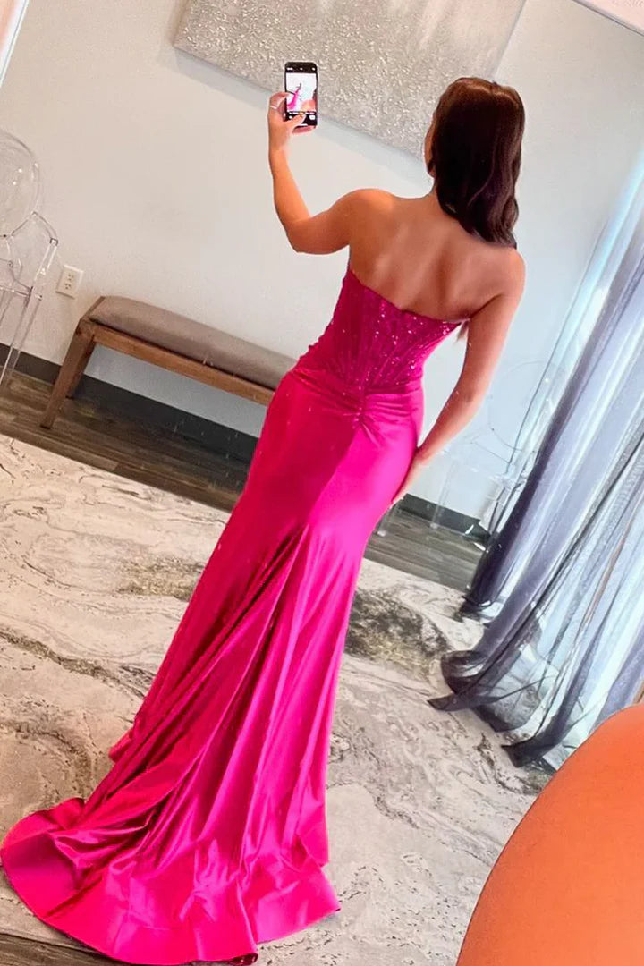 Pink Strapless Lace Corset Mermaid Prom Dress with Slit