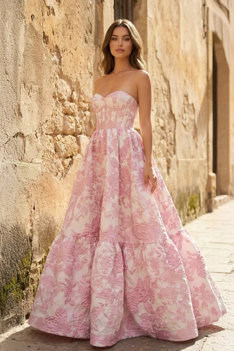 Pink White Floral Jacquard Strapless Corset Tieredwith Lace-Up Back Prom Dress