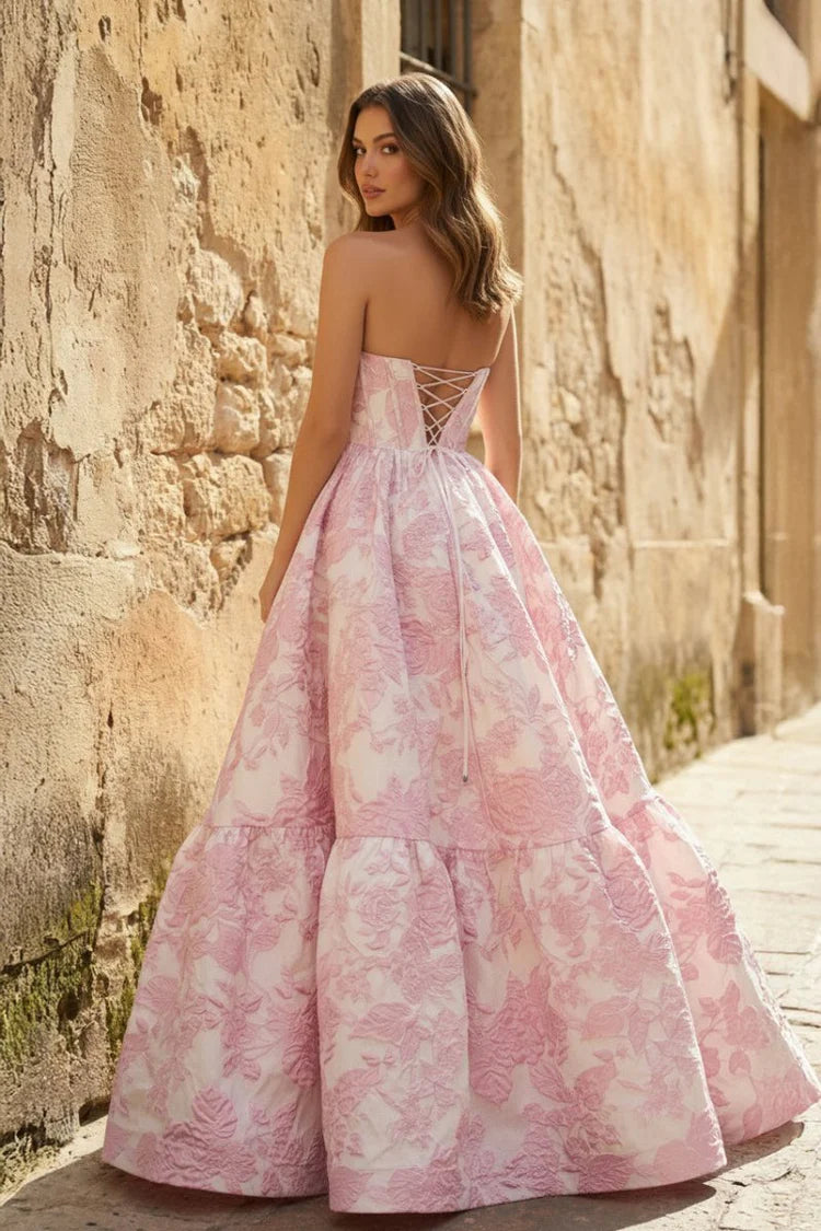 Pink White Floral Jacquard Strapless Corset Tieredwith Lace-Up Back Prom Dress