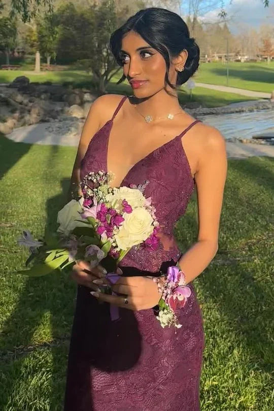 Plum Spaghetti Strap Lace Mermaid Maxi Dress with Deep V & Open Back