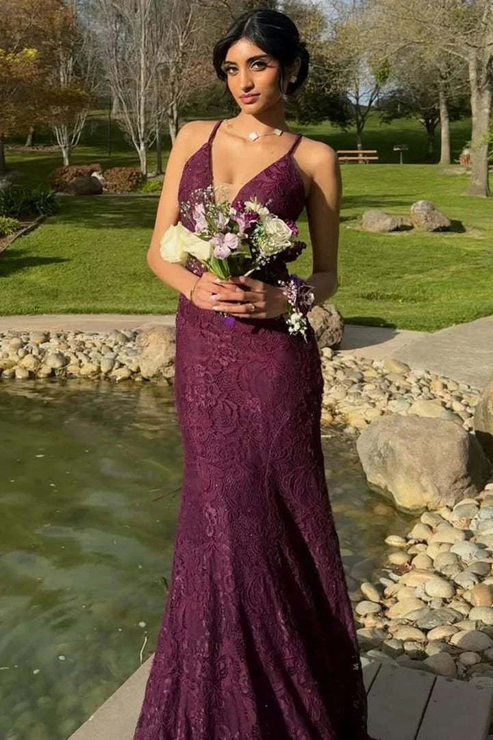 Plum Spaghetti Strap Lace Mermaid Maxi Dress with Deep V & Open Back