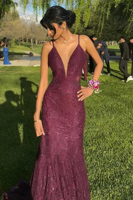 Plum Spaghetti Strap Lace Mermaid Maxi Dress with Deep V & Open Back