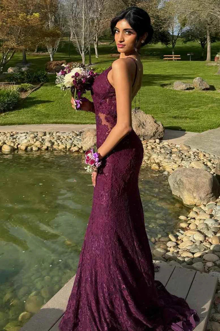 Plum Spaghetti Strap Lace Mermaid Maxi Dress with Deep V & Open Back