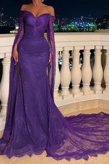 Purple Off-the-Shoulder Lace Mermaid Prom Dress with Long Sheer Sleeves and Train
