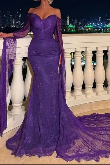 Purple Off-the-Shoulder Lace Mermaid Prom Dress with Long Sheer Sleeves and Train
