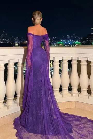 Purple Off-the-Shoulder Lace Mermaid Prom Dress with Long Sheer Sleeves and Train