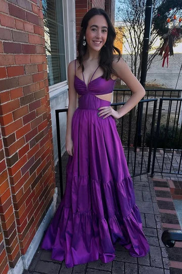 Purple Satin Tiered Maxi Dress with Spaghetti Straps, Waist Cutouts & Open Back