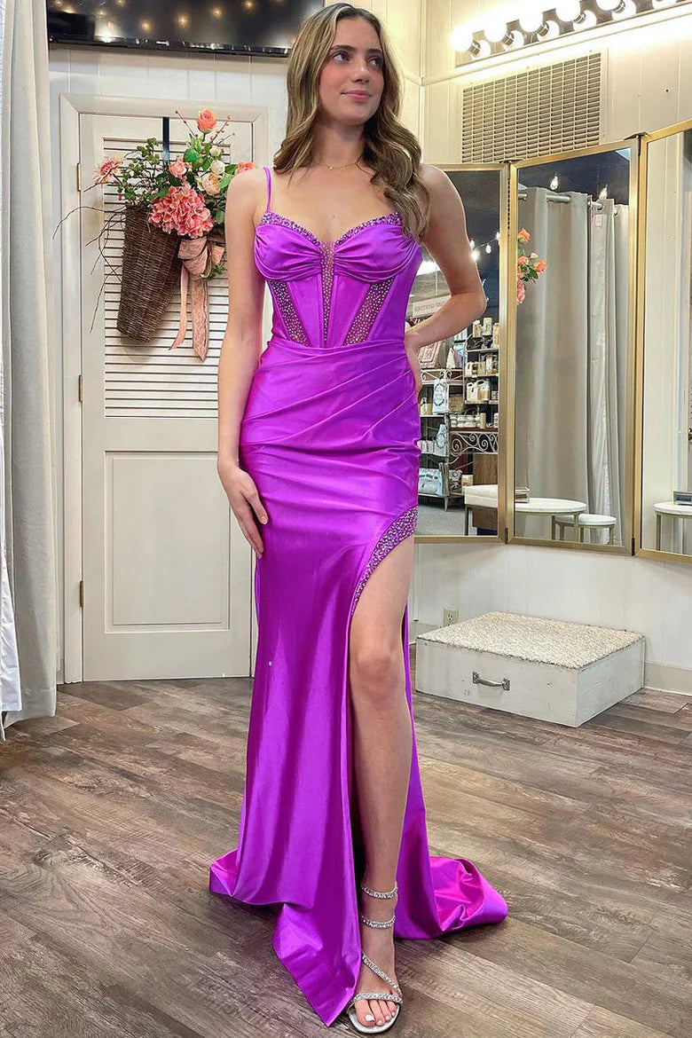 Purple Spaghetti Strap Satin Mermaid Prom Dress with Beaded Corset and High Slit