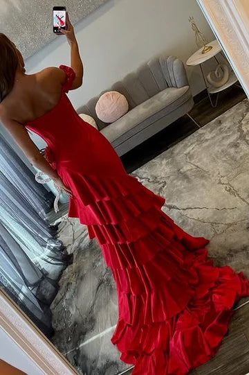 Red Off-the-Shoulder Satin Prom Dress with Corset Bodice and Tiered Ruffle High Slit