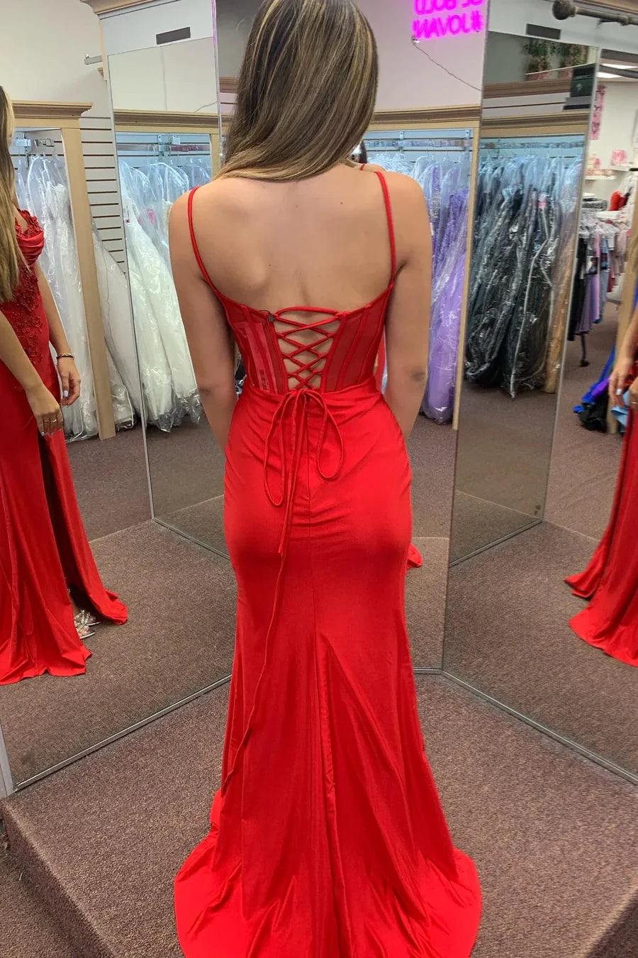 Red Satin Spaghetti Strap Mermaid Prom Dress with High Slit