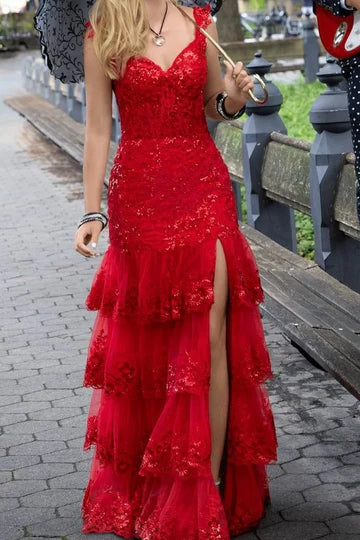 Red Sequin Lace Mermaid Maxi Dress with Tiered Tulle Skirt & High Slit