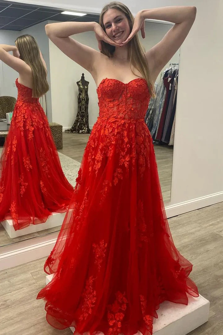 Red Strapless Floral Lace Applique Tulle Prom Dress with Train