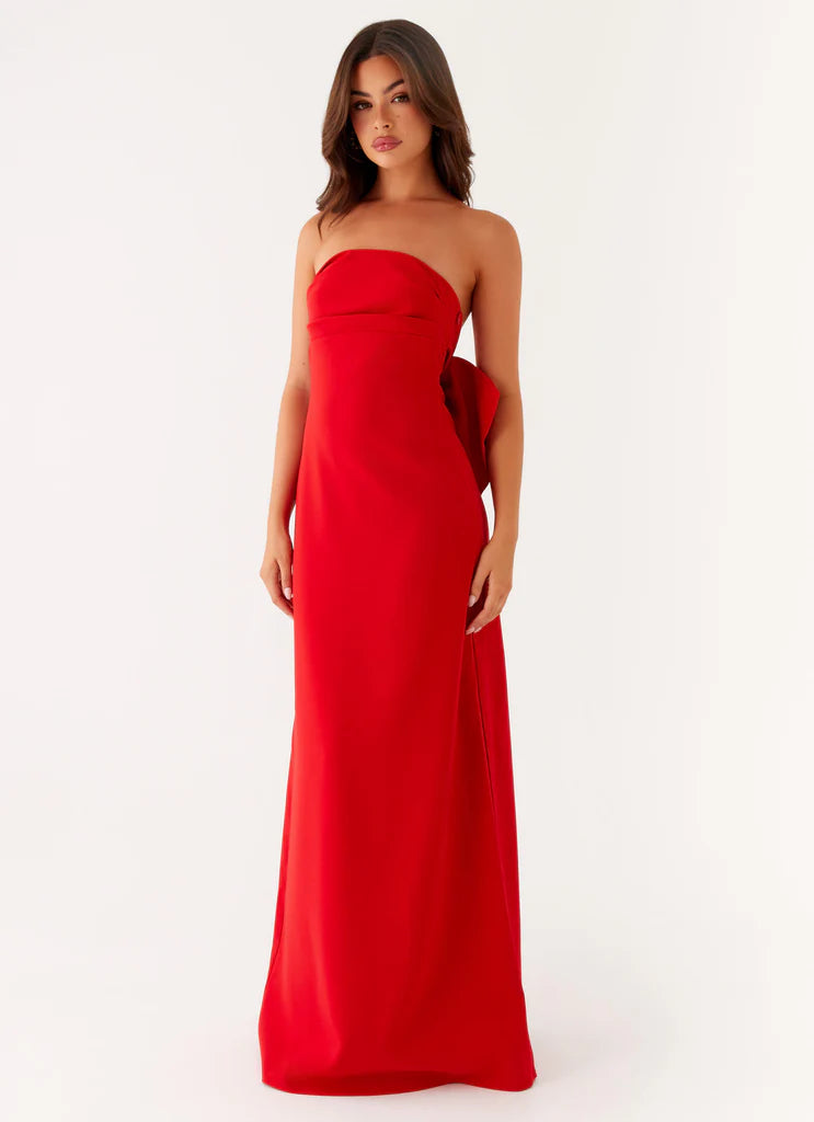Red Strapless Ruched Back Bow Maxi Prom Dress For Elegant Formal Evening Events