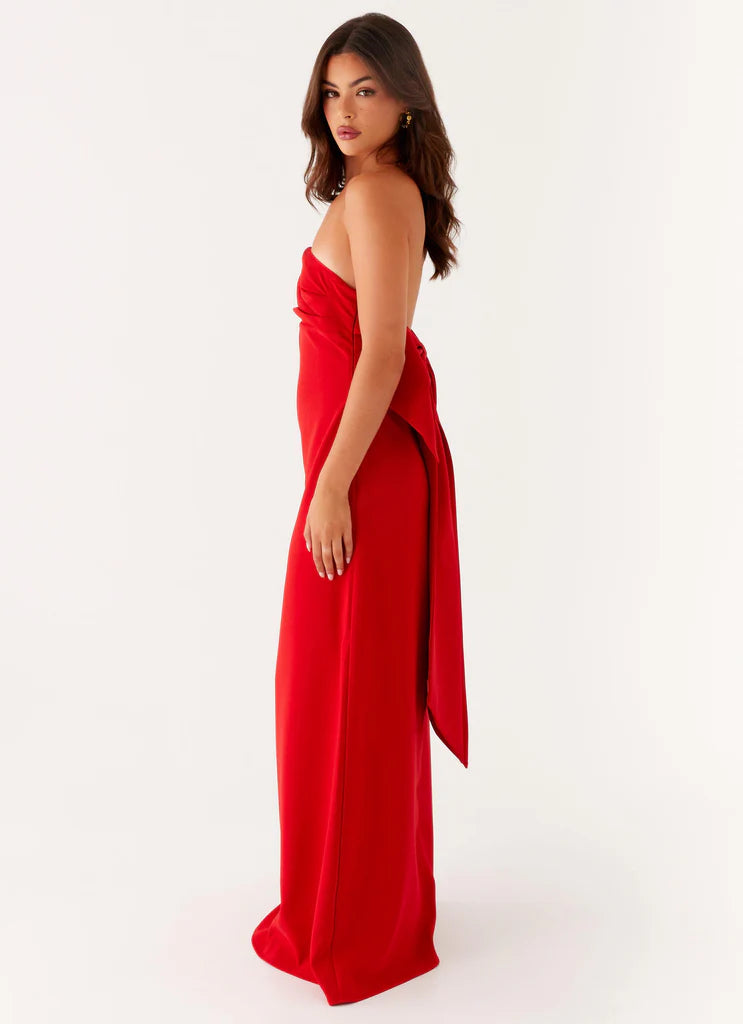Red Strapless Ruched Back Bow Maxi Prom Dress For Elegant Formal Evening Events