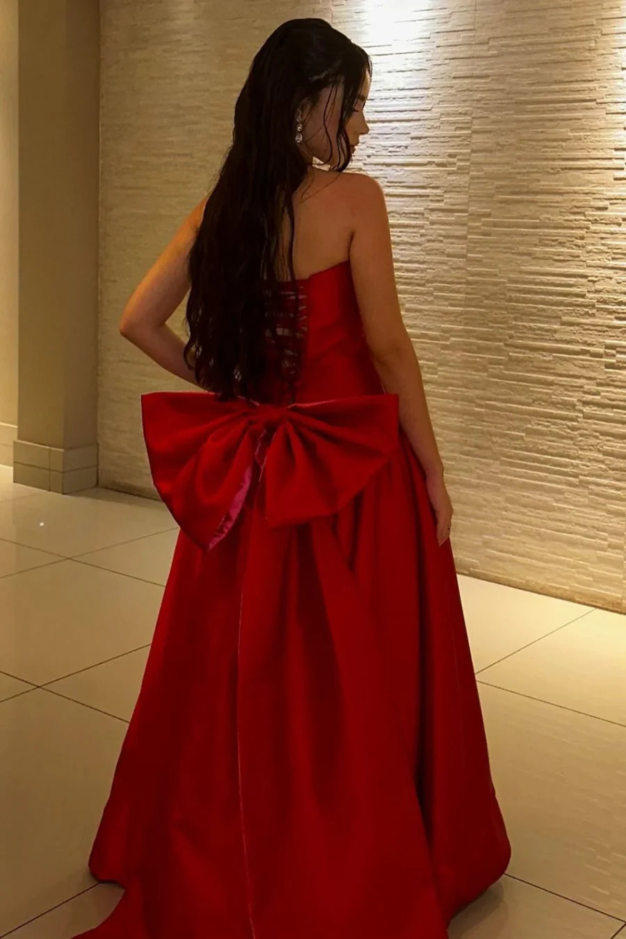 Red Strapless Satin Ball Gown Prom Dress with Oversized Bow and Train