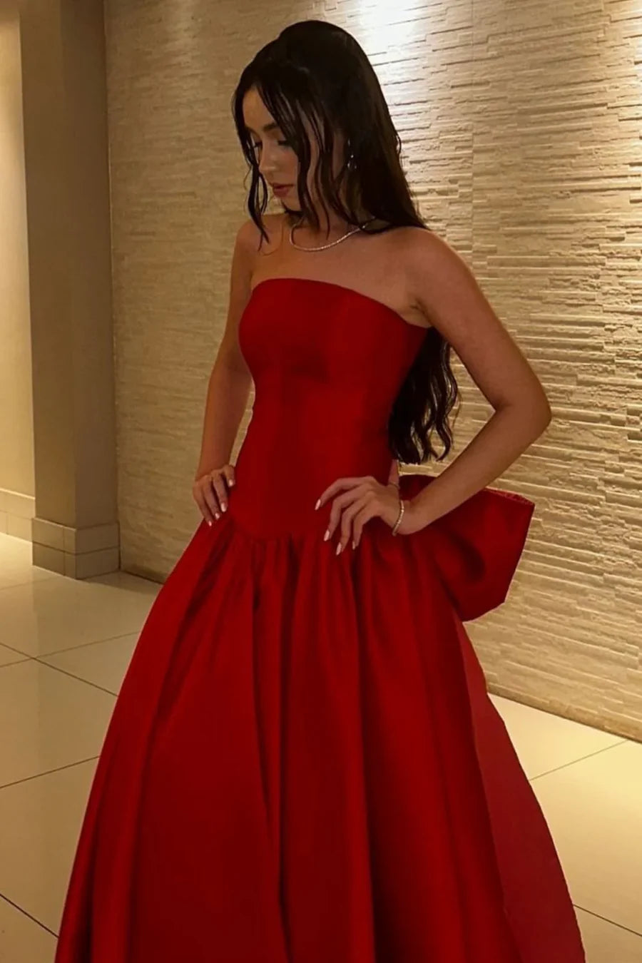 Red Strapless Satin Ball Gown Prom Dress with Oversized Bow and Train