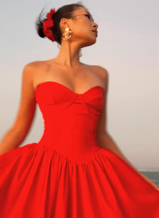 Red Strapless Sweetheart Neckline Flared Midi Dress with Corset Bodice